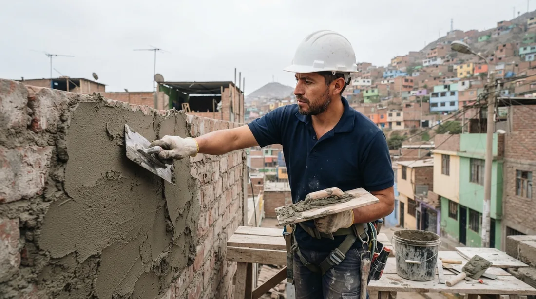 Obrero tarrajeando un muro afectado por humedad y salitre en una casa de Lima